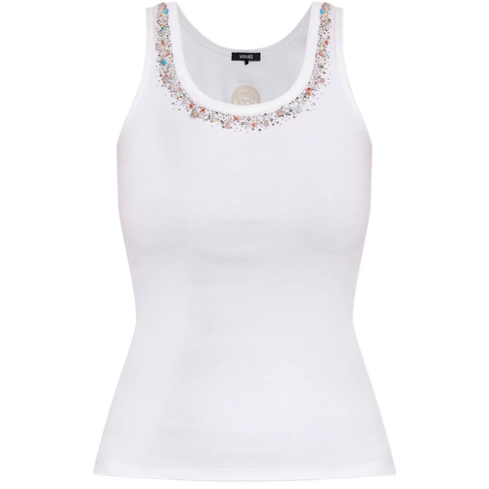 Versace White Ribbed Crystal Embellished Tank Top 1020898 1a15397 Size 40 Small